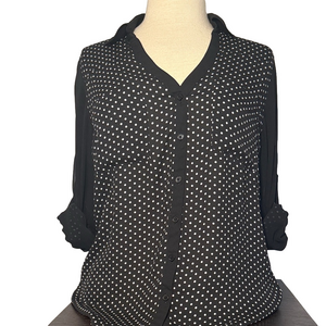 Express Portofino Black White Polka Dot Button Up Blouse Women’s M Sheer Sleeve